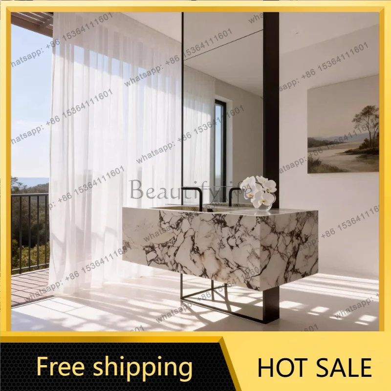 LJY Rock slab integrated seamless basin bathroom table hotel villa light luxury high end simple hand wash face wash table furnit