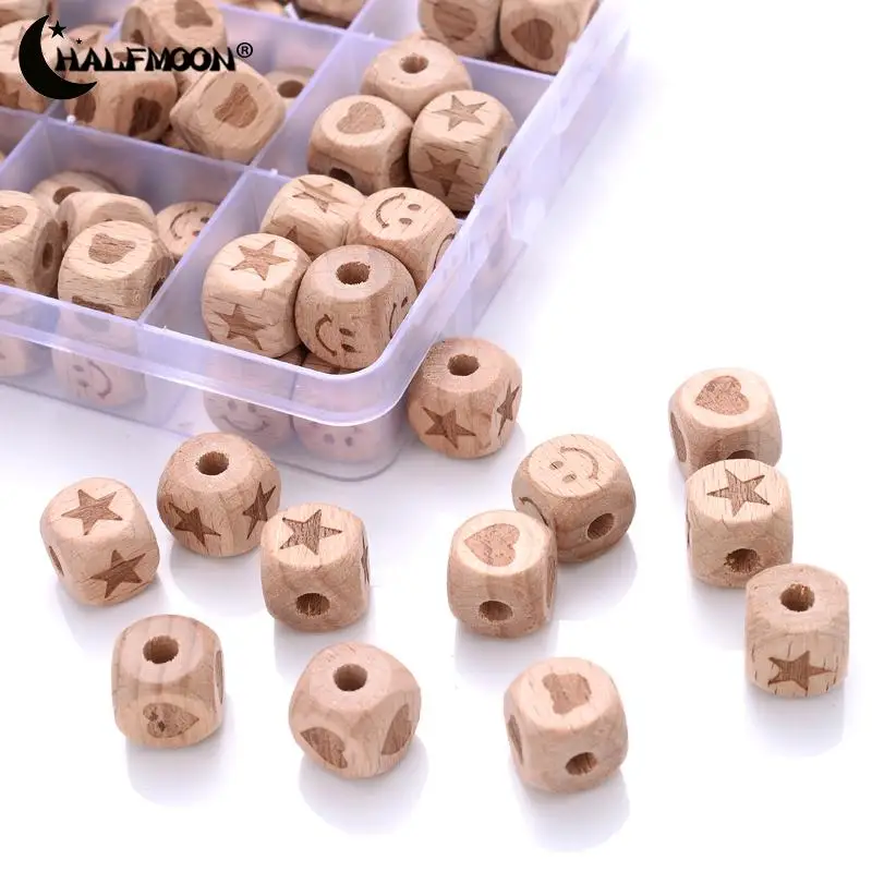 10-30Pcs 12mm Beech Wooden Beads Natural Square carving Pattern Loose Beads for Crafts DIY Jewelry Making Wholesale