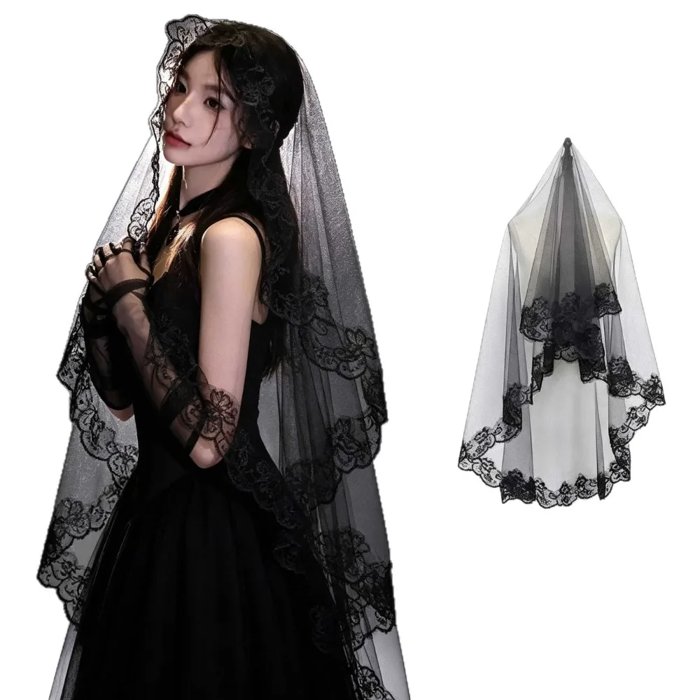 Classic Two-Tier Lace Veil Black Lace Edge Tulle Veil Floral Lace Trim Gothic Veil For Wedding Bride