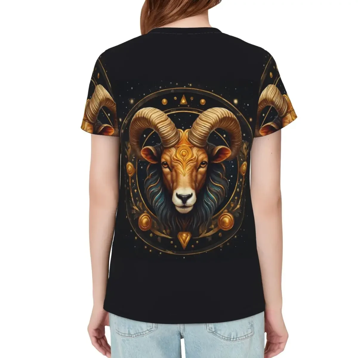 Aries Zodiac Celestial Goat And Ram Horns Print T-Shirt Women Short Sleeve T Shirts Round Neck Clothes Cotton Summer Tees