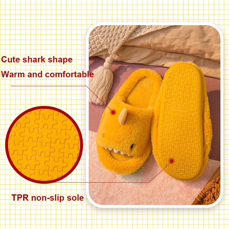 Comwarm Autumn And Winter Cartoon Shark Wool Slippers For Women Soft Home Men\'s Indoor Household Open Toe Plush Cotton Slippers