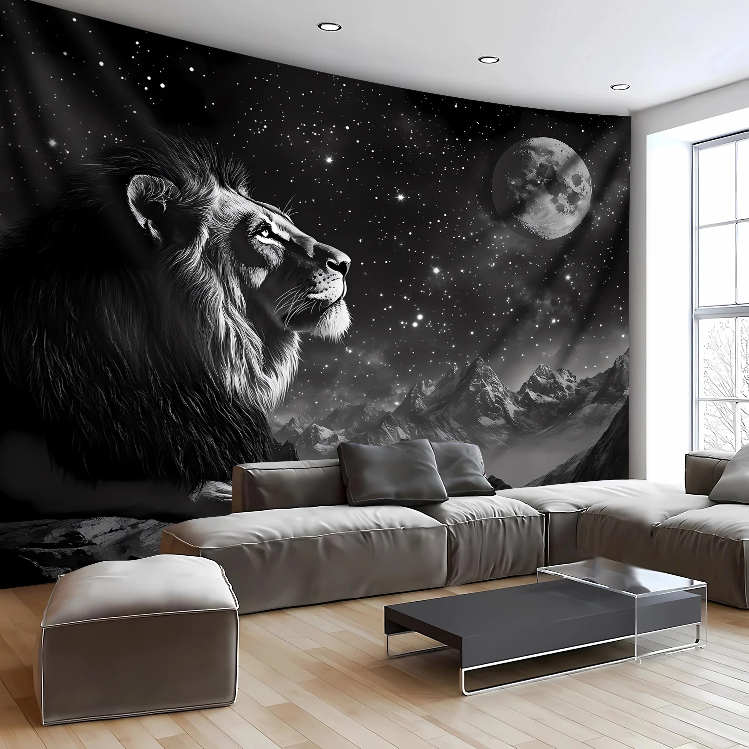 Majestic Lion Starry Night Tapestry Wall Hanging Galaxy Moon Mountain Safari Decor Bohemian Jungle Animal Landscape Artwork Room - view 5