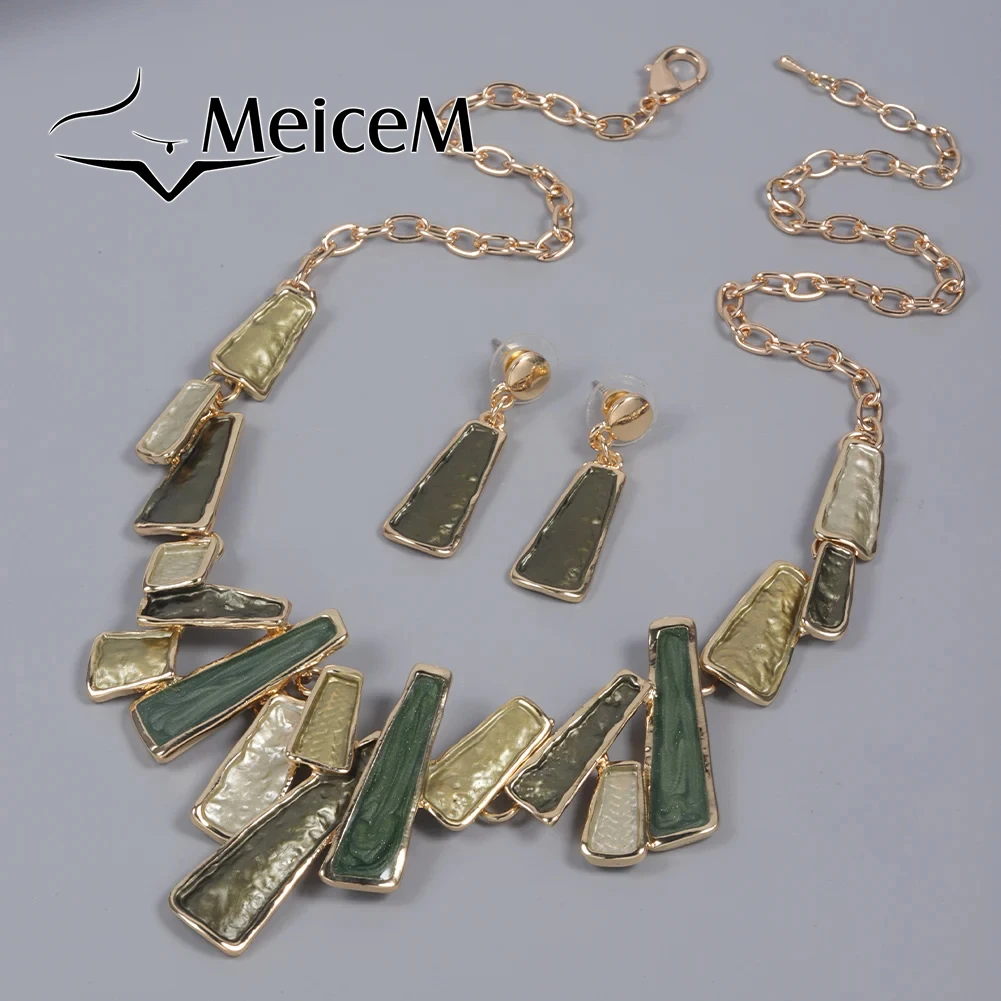 Green Enamel Jewelry Sets Women\'s New Design Geometric Earrings Necklace Set Mother\'s Day Gift Banquet Accessories for Women