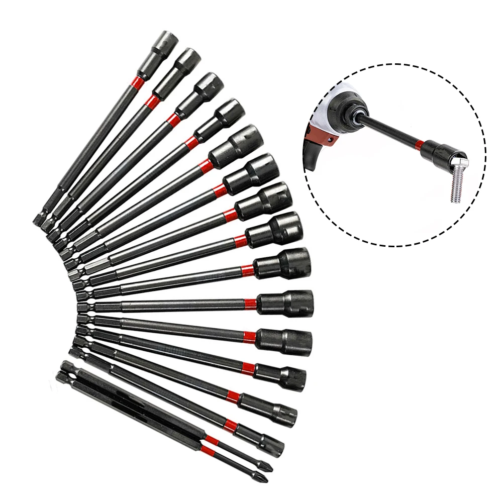 16pcs 6Inch Long Shank Magnetic 1/4 Hex Shank Nut Driver Set For Impact Drill Socket Long Nut Magnetic Nut Driver Hand Tools