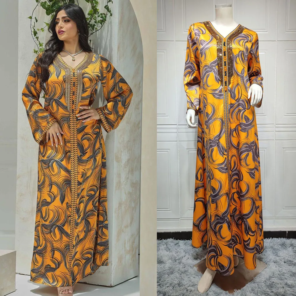 Beads Diamonds Abaya Floral Print Maxi Dress Women Africa Party Gown Moroccan Kaftan Ramadan Eid Mubarak Abayas Islamic Jalabiya