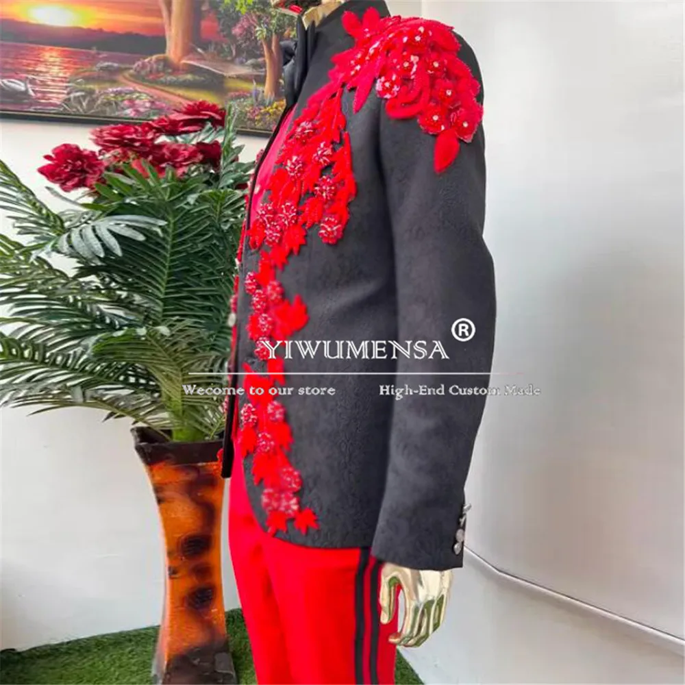 Black Jacquard Embellished Safari Grooms Suit Luxury Sparkly Crystals Beaded Appliques Prom Blazer Tailored Man Fashion Clothing