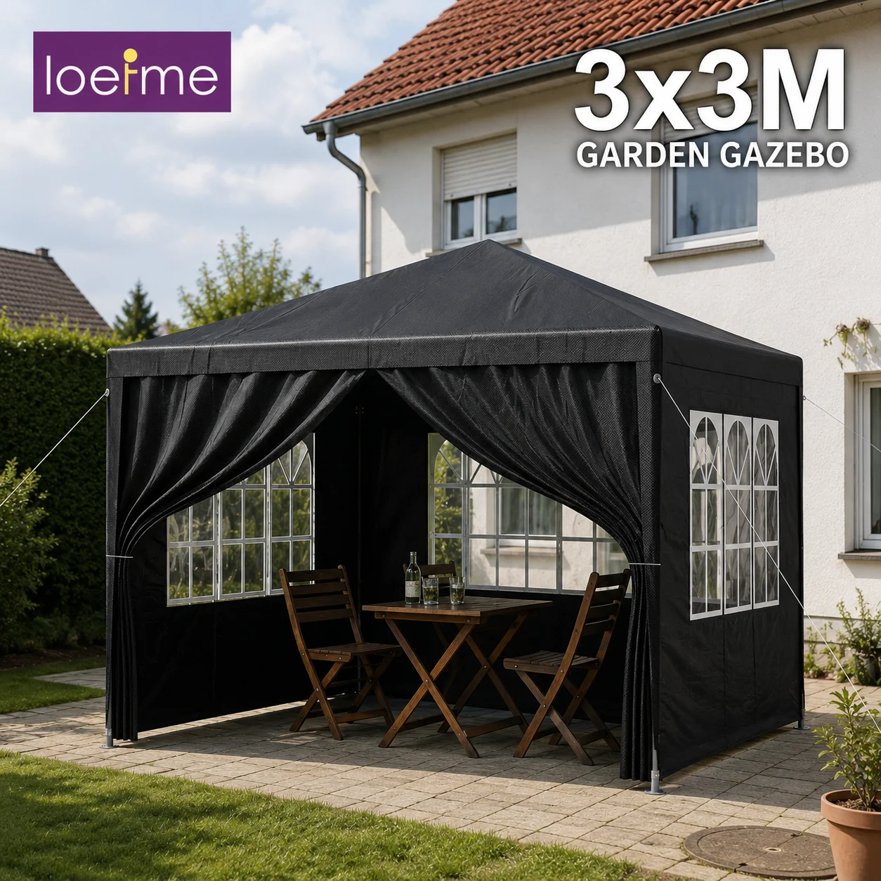 Carpa Gazebo Plegable LOEFME de Alta Resistencia 3x3M 3x4M, Impermeable, Resistente a Rayos UV, con 4 Paredes Laterales, Paneles de Ventana y Puerta, Estructura de Acero Reforzada, Pabellón Portátil de PE para Jardín, Patio, Camping, Fiesta, Puesto de Mercado