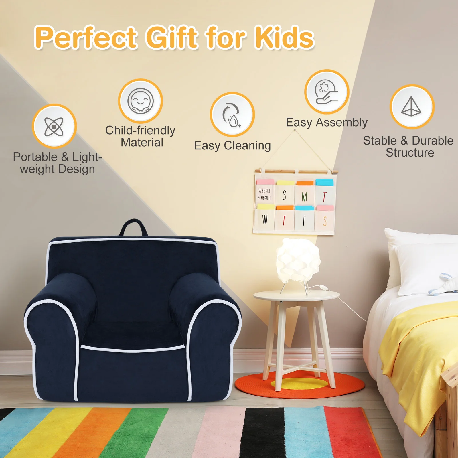 Fauteuil rempli de mousse pour enfants, canapé pour tout-petits, tissu velours, cadeau bébé, bleu marine