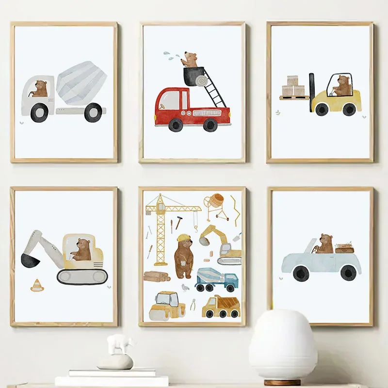 Cute Boho Bear Crane Excavator Tractor Truck Nursery Posters And Prints Canvas Painting Wall Art Pictures Baby Kids Room Deco
