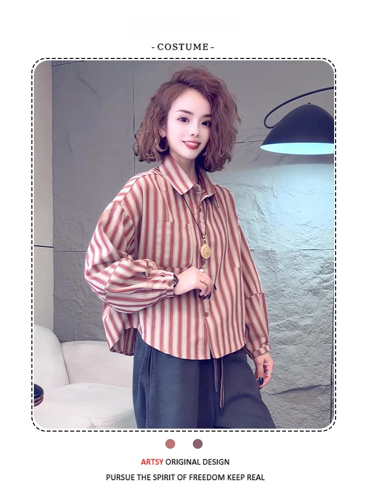 Moda feminina solta longa Sve irt outono nova chegada listrada agasalhos Faionable Casual Vintage Sle respirável Comfo...