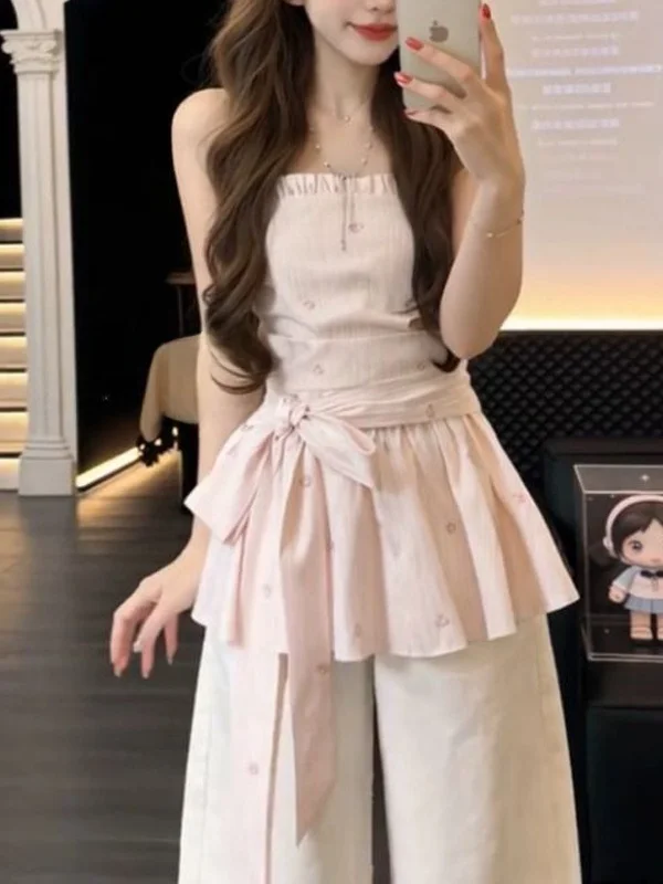 Summer Korean Style Pure Color Sleeveless Wrap Waist Vest Women's Fashionable No Strap Top  Knot Loose Fit Casual