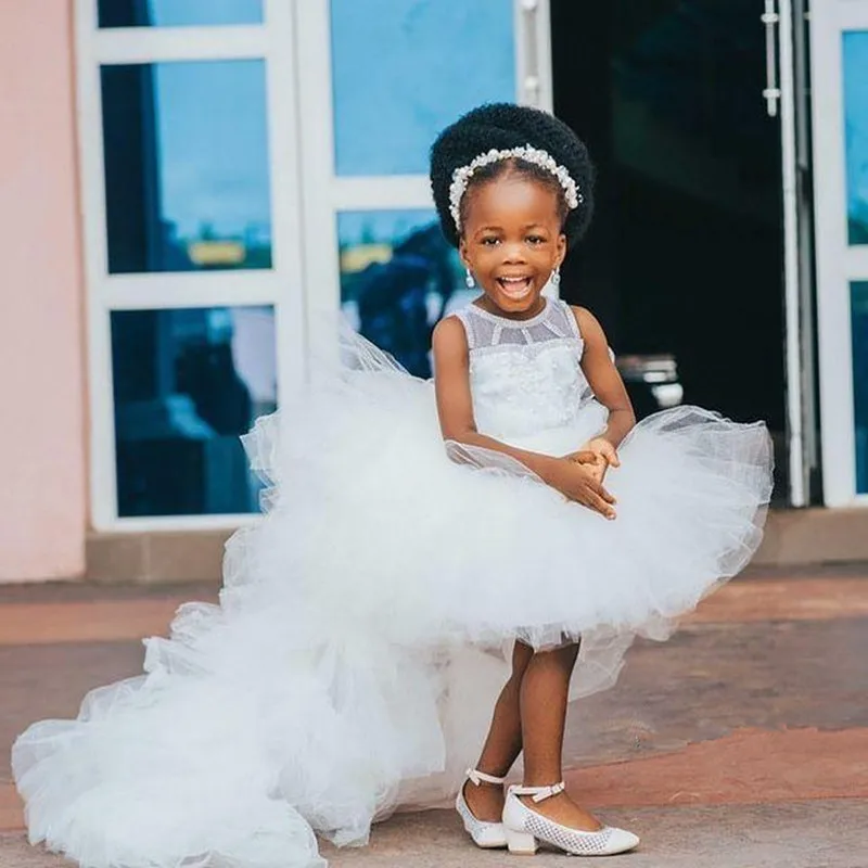 White Ivory Flower Girls Dresses with Long Train Puffy Tulle Kid First Birthday Party Dresses Girls Gift Photoshoot