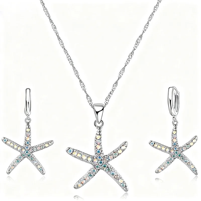 

Crystal Starfish Pendant Necklace & Earrings 925 Sterling Silver Jewelry Sets For Girls Cute Birthday Gift