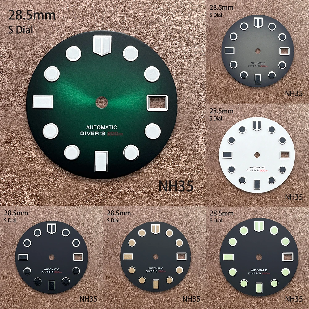 28.5mm S Logo Dial Suitable for NH35/NH36/4R/7S Japan Movement Green Luminous High-Quality Watch Modification Accessories