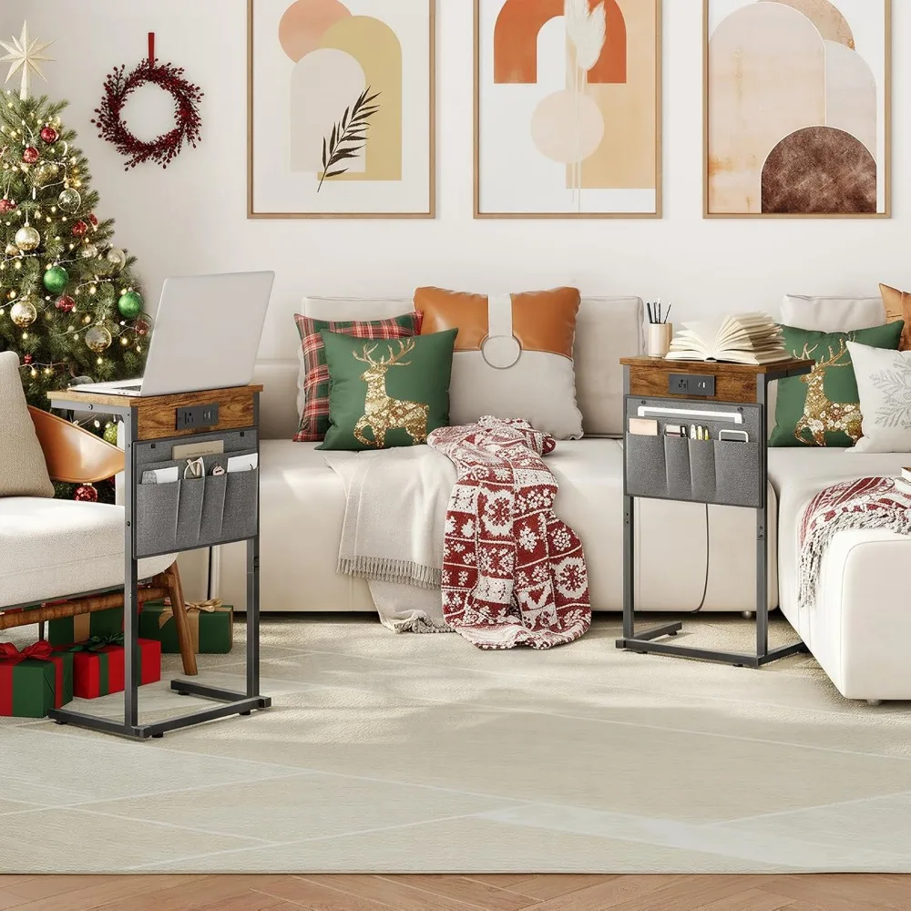C-Shaped End Table with Charging Station, 28" H Sofa Side Table with Storage Bag for Living Room, Rustic Brown