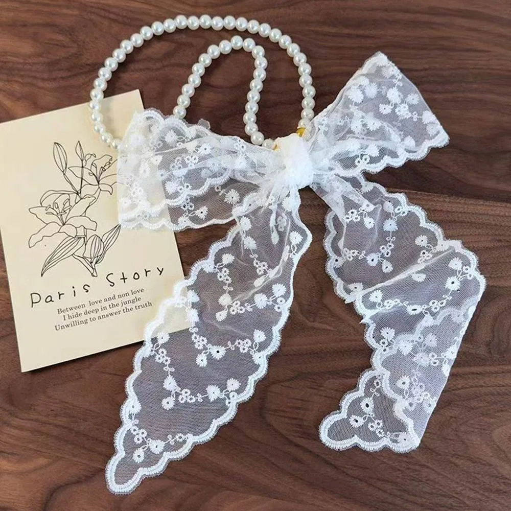 Summer Pearl Lace Headband Fairy Necklaces Neckerchief Multi-functional Sweet Hair Ribbon for Women