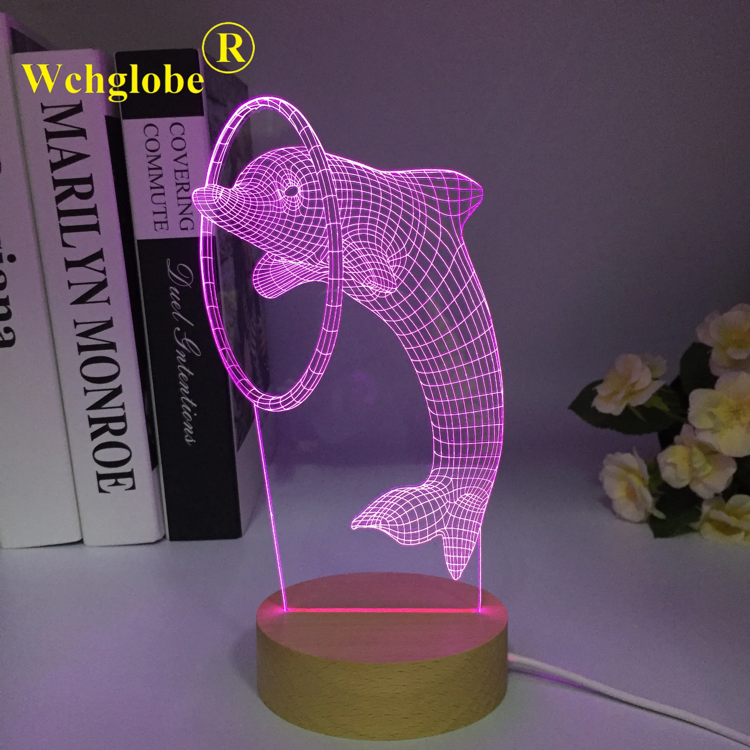 3D LED Dolphin Night Light 7/16 Wooden Colors Change Fashion Cool Acrylic Table Wood Night Lamp Home Decoration For Kids Gift