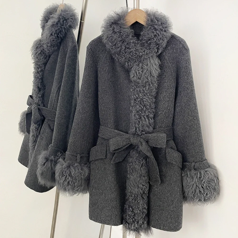 OFTBUY Neue Winter-Wollkleidung für Damen, Mittellanger Mantel mit Gürtel, 100% Wolle, Vollkurviger Kragen aus mongolischem Schaffell, Oberbekleidung für Frauen – Detail 7