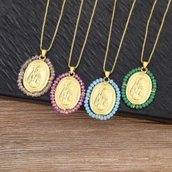 AIBEF Relief Coin San Judas Portrait Pendant Exquisite 6 Colors Beads Necklace Copper Zircon Religious Jewelry Accessories Gift