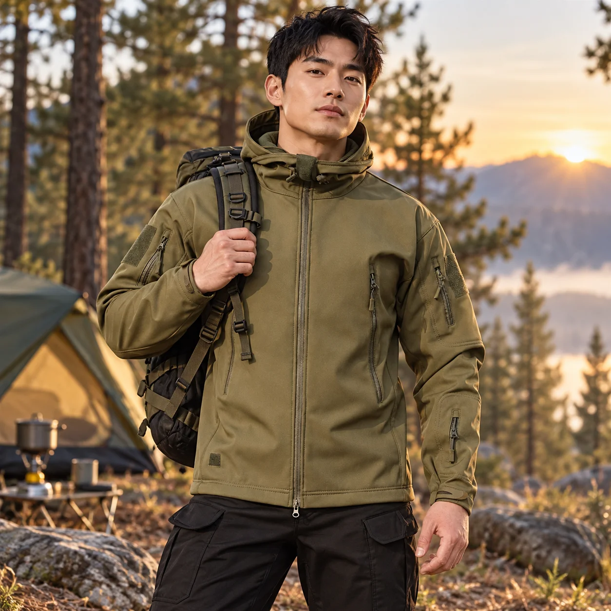Men's Silent Soft Shell Camouflage Tactical Jacket Waterproof Warm Fleece Hunting Jackets Outdoor Hiking Fishing Hooded Coat