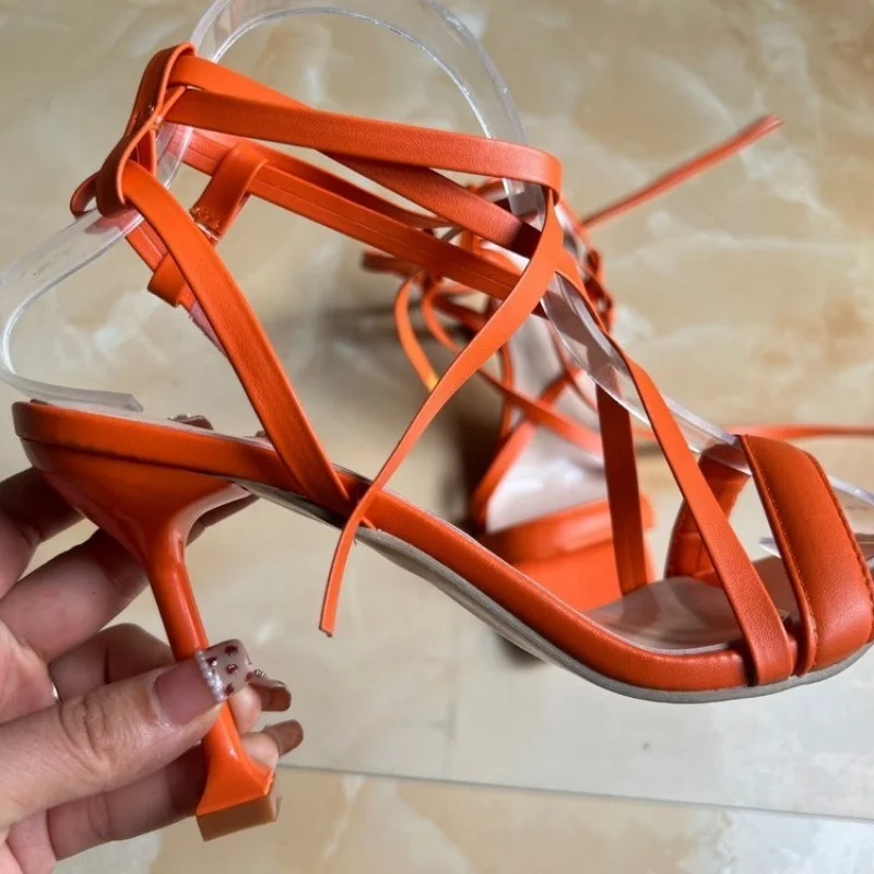 Women Sandals 2023 Summer Woman Ankle Strap Sandals Leather Cross-Tied High Heels Shoes Sexy Lace Up Party Shoe Size 36-43