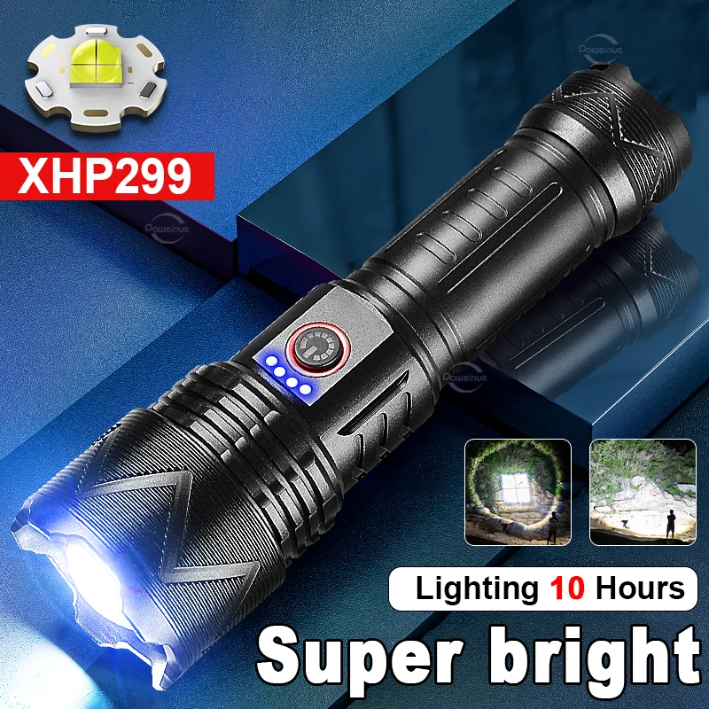 2026 New Strong Light LED Flashlight XHP299 Rechargeable Flashlight Powerful Outdoor Portable Zoom Torch Fishing Camping Lantern
