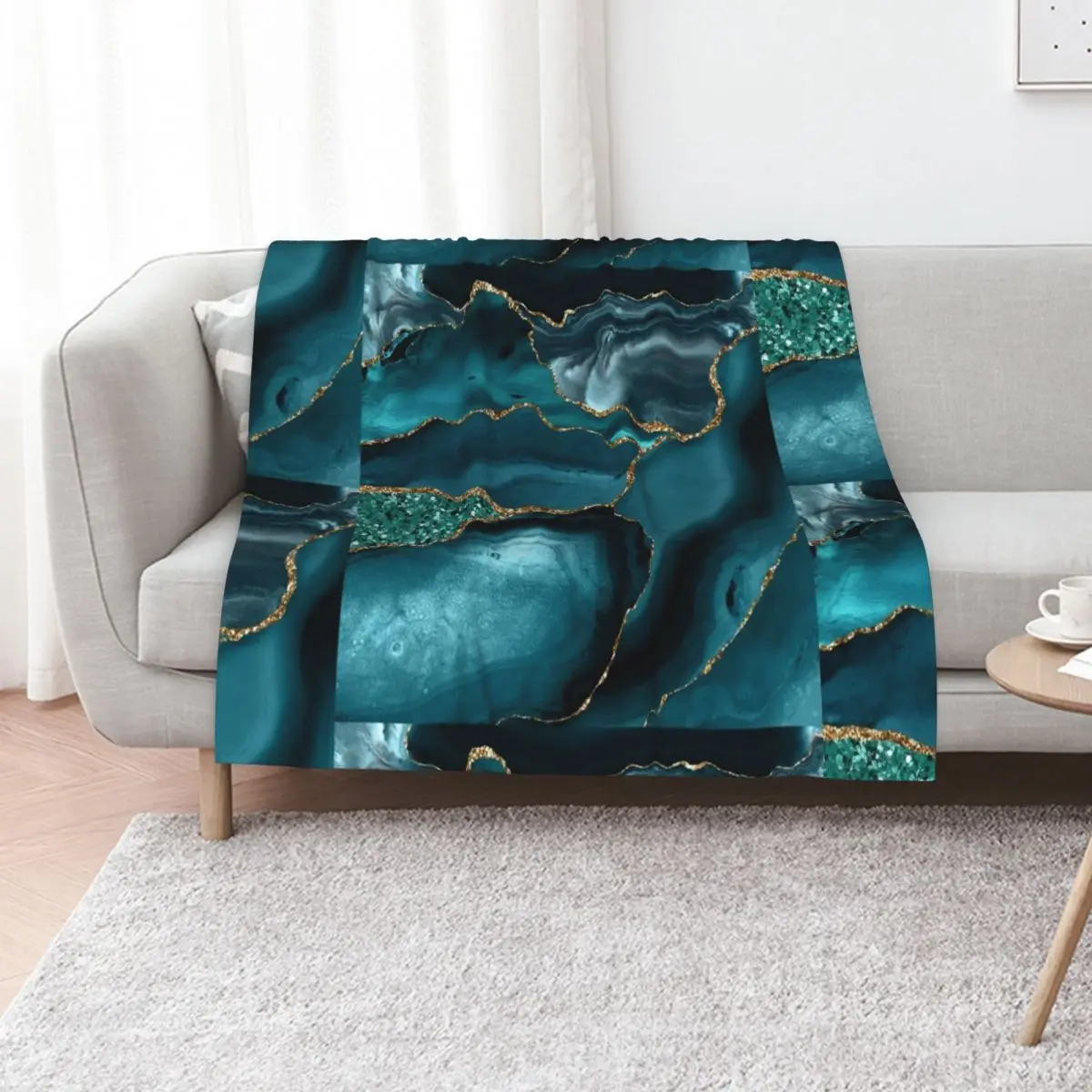 Abstract Teal Blue and Gold Glitter Modern Geode Agate Design Throw Blanket Retros Giant Sofa Blankets For Bed Blankets