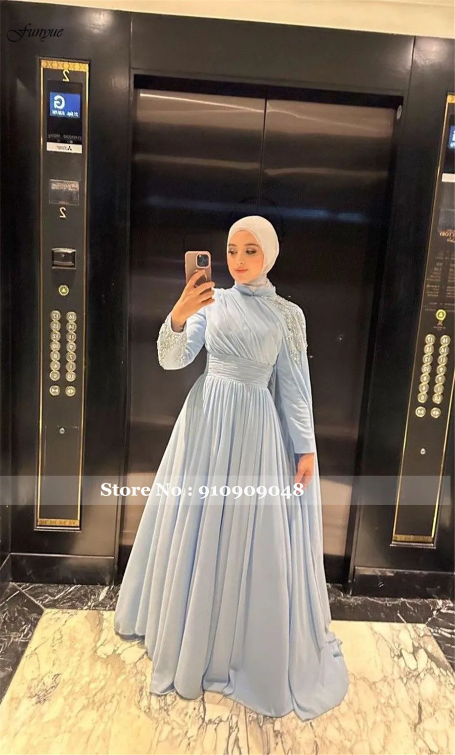 Funyue Elegant Muslim Hijab Evening Gown Sky Blue A-Line Chiffon with Beading Dubai Arabic Wedding Party Dress فساتين السهرة