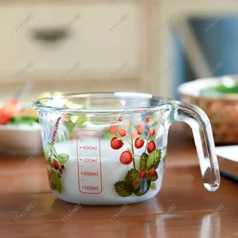 

French Floral Glass Measuring Cup with Handle Microwave Safe Milk Juice Breakfast Cup