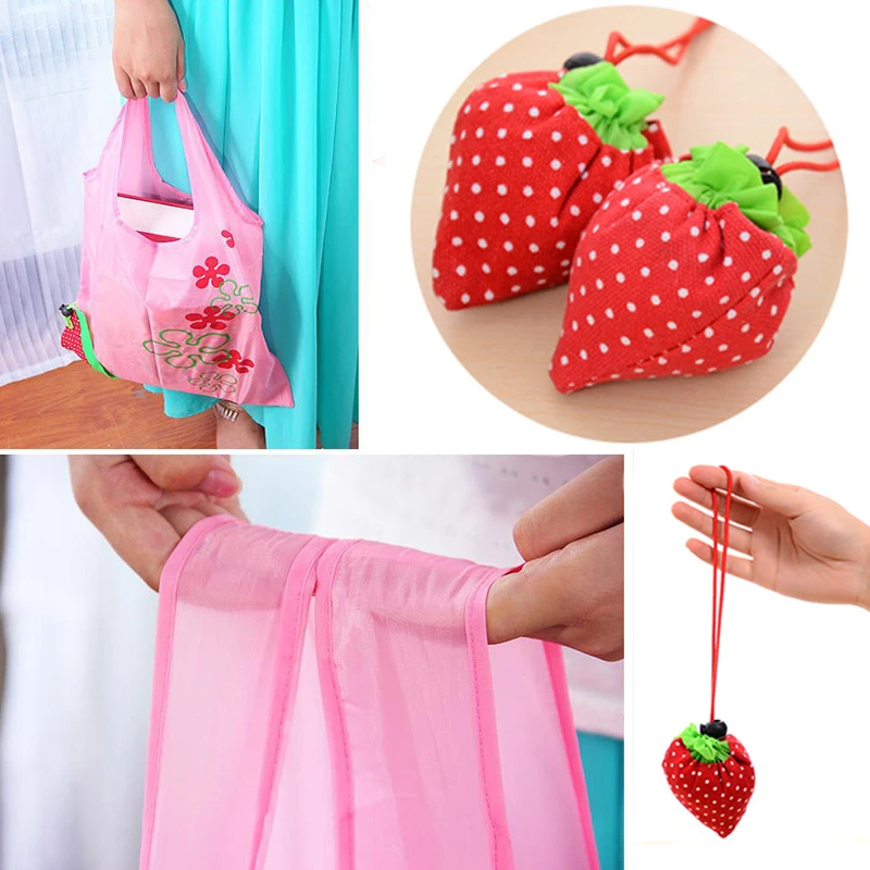 Foldable Shopping Bag Convenient Carry Bag Reusable Storage Pocket Bag Strawberry Handbag