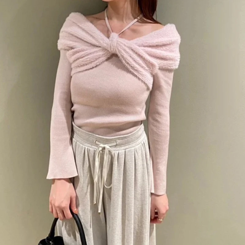 Sweet Kink Slash Neck Flare Sleeve Knit Pullovers Contrast Color Long Sleeve Slim Sweaters 2024 Autumn New Elegant Jumpers