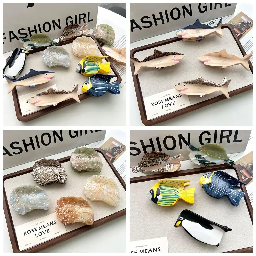 Cute Acetic Acid Acetate Animal Hair Claw Shark Penguin Sea Creature Hair Clip Ocean Series Conch Big Shark Clip Girl