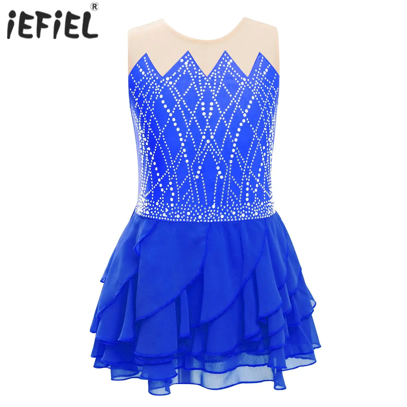 

Girls Shiny Rhinestones Tiered Ruffle Ballet Lyrical Dance Costume Glittery Rhinestone Rhythm Gymnastics Figure Skating Costume