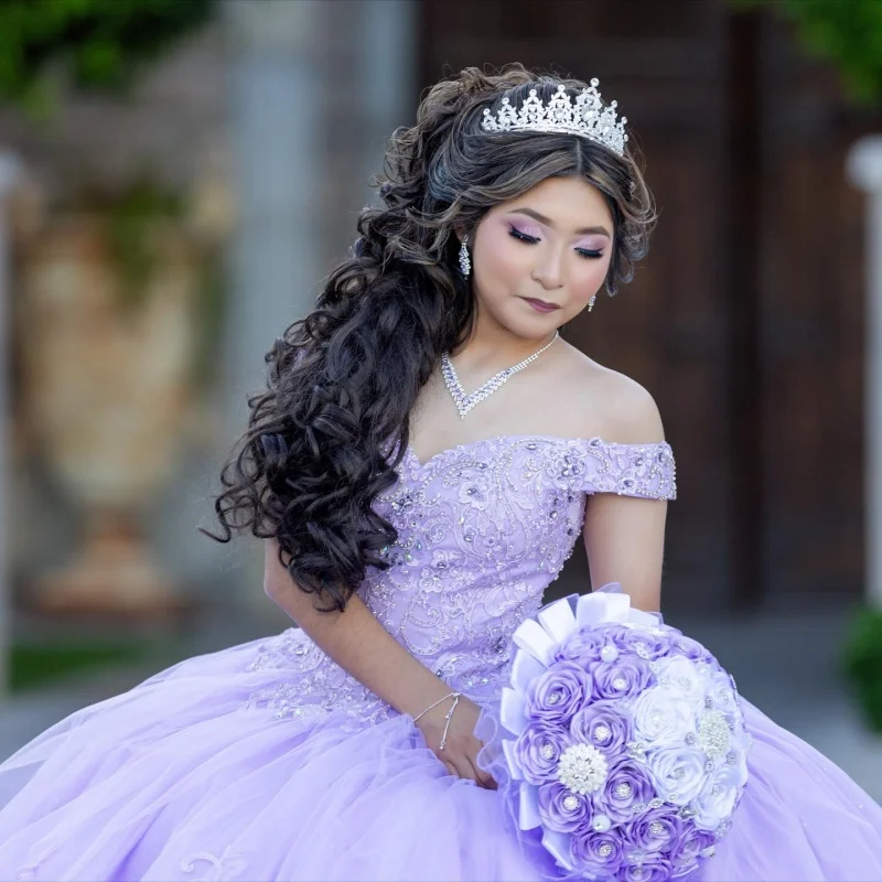 

Лавандовое фиолетовое платье Quinceanera с кристаллами и блестящей наклейкой, 3D цветок, длинный хвост, Vestidos De 15, Quinceanera ﻿ Настроить