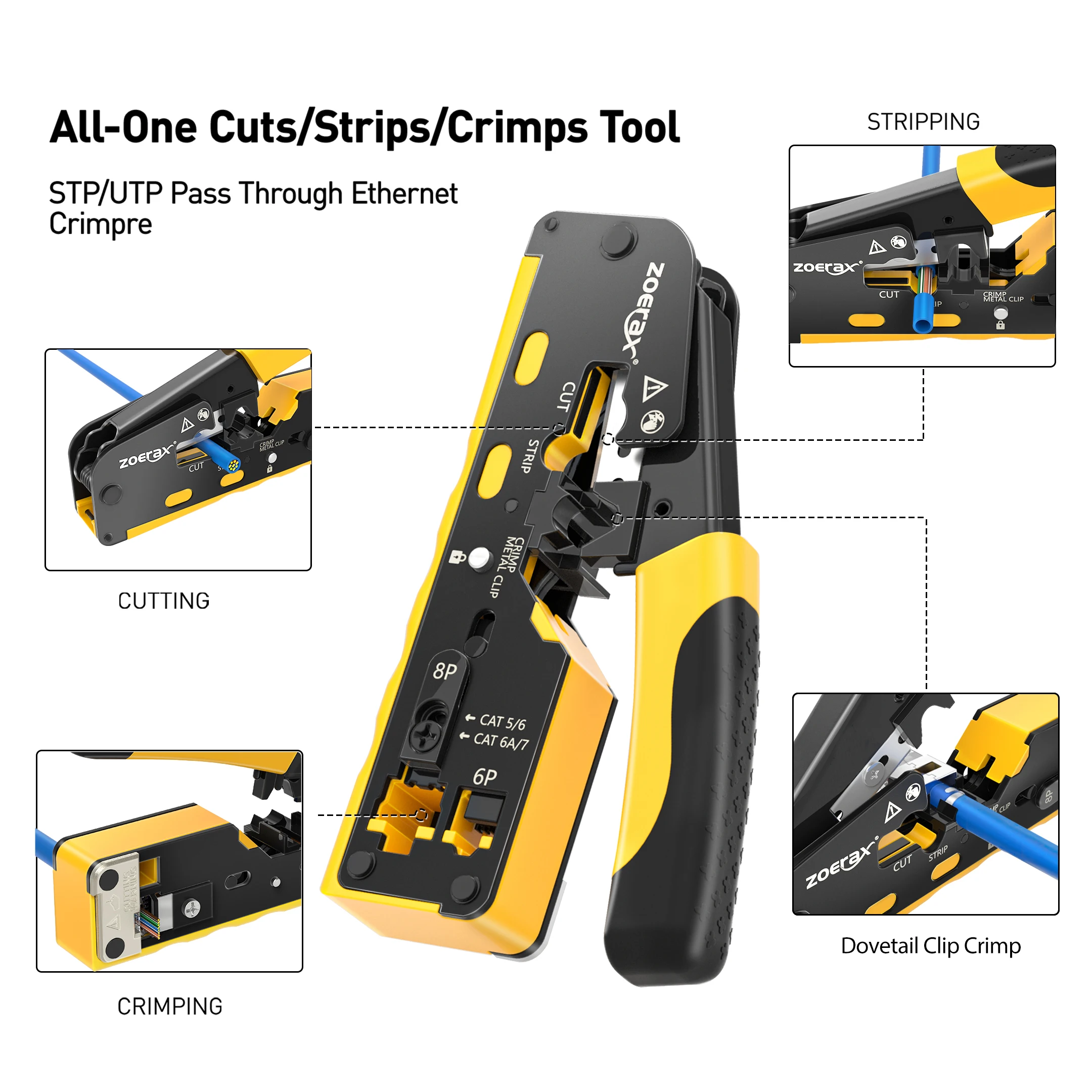 ZoeRax RJ45 Crimper Tool Kit for CAT7 CAT6A Ethernet Cable Tester Wire Cutter 50Pcs Cat7 Connectors and Strain Relief Boots