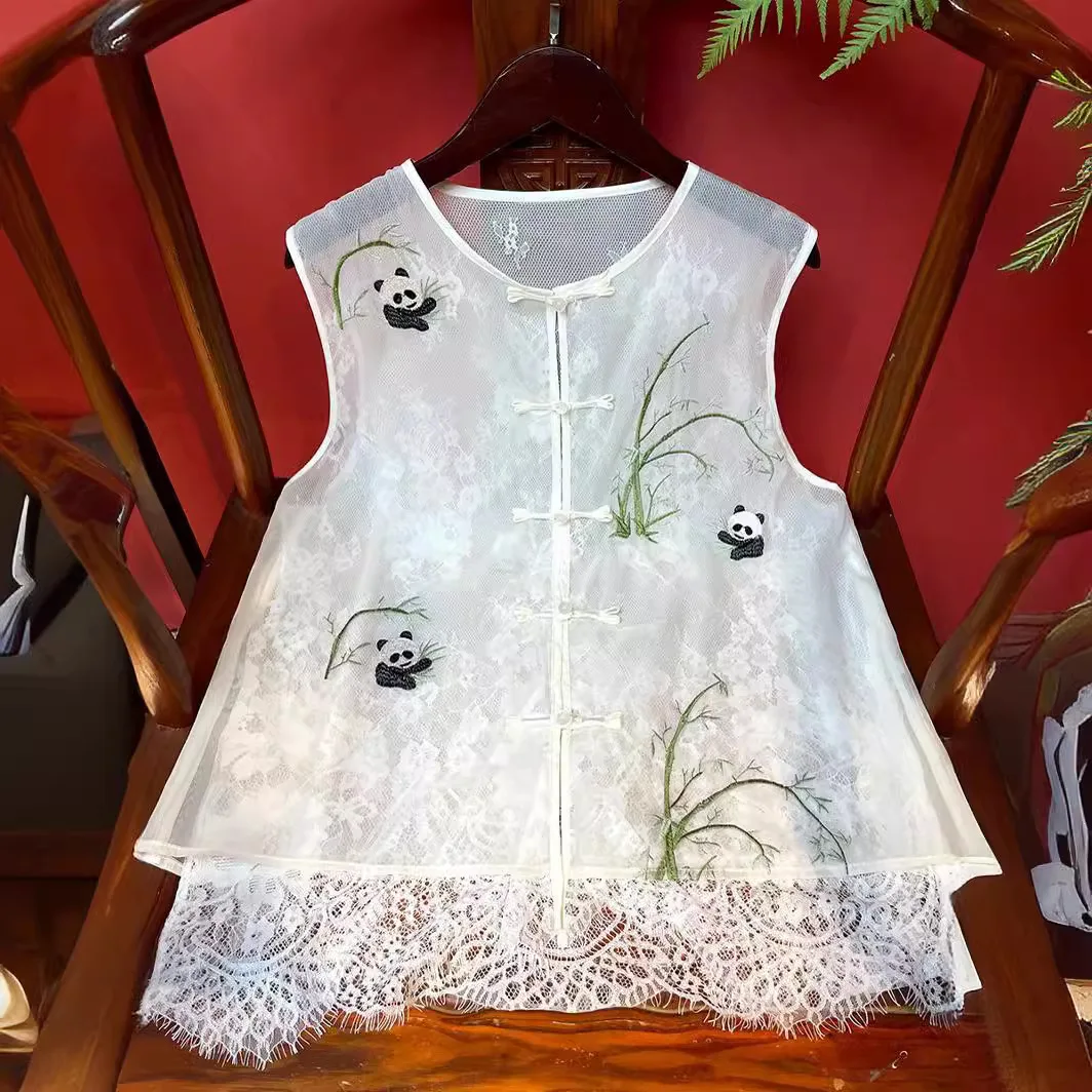 

New Chinese Style Vest Panda Bamboo Embroidery Tang Clothes Women Sexy Lace Hem Blouse Sleeveless Costume Summer Loose Wear