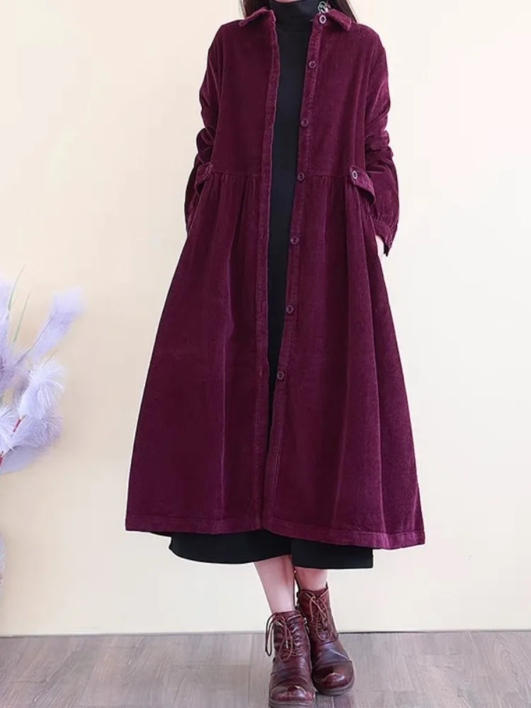 

High-End Vintage Corduroy Coat Women's Autumn Mom's Ele Slimming Midi Over-Knee Plaid Velvet Coat Long Sve Double Collar
