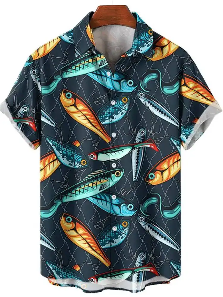 

Loose Fit Printed Shirt Button up Casual Summer Menswear Breathable Short Sleeve 3D Digital Print Comfortable Polyester