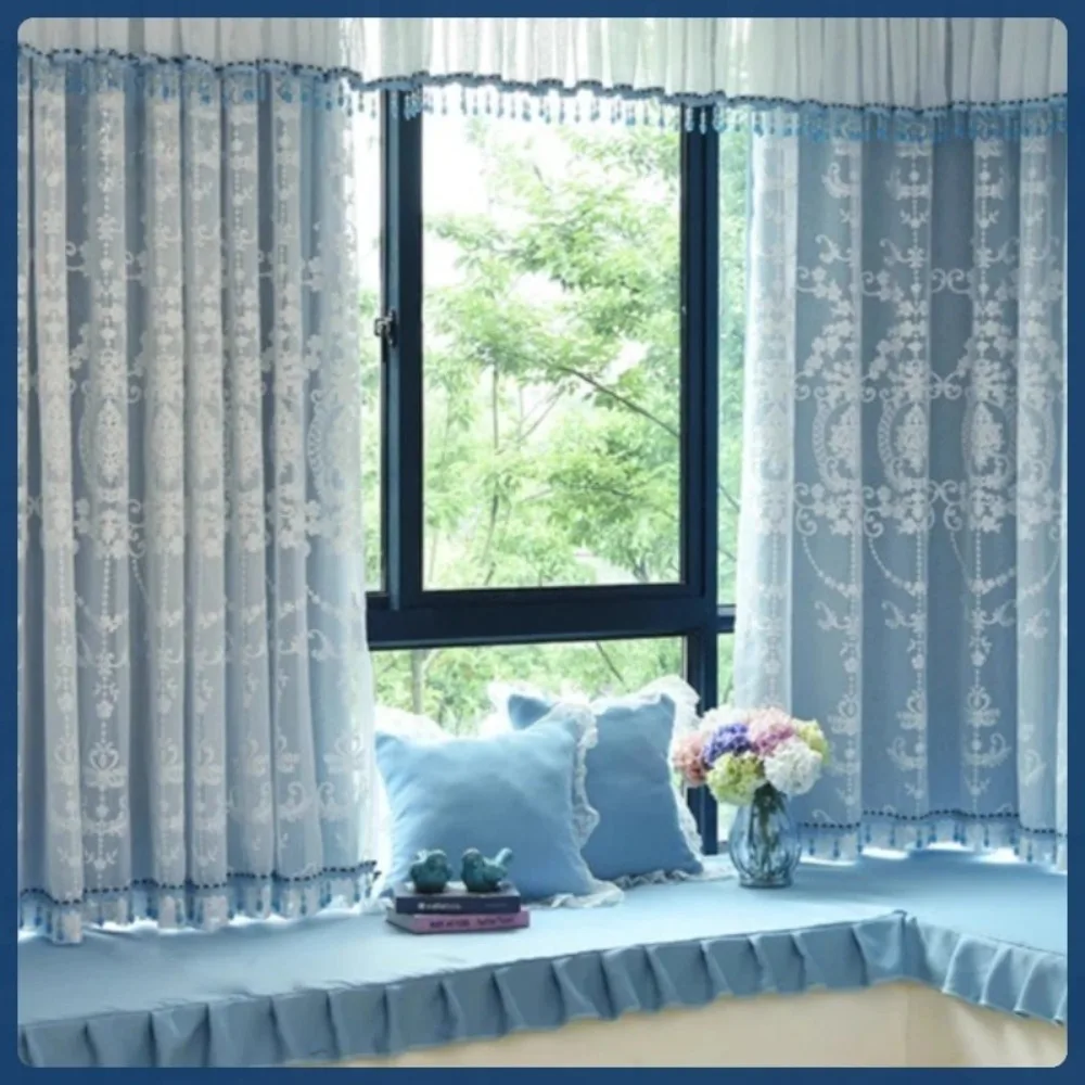 European Modern Simple Window Blackout Bedroom Living Room French Window Sunshade Heat Insulation Blue Curtains Sheer Curtains