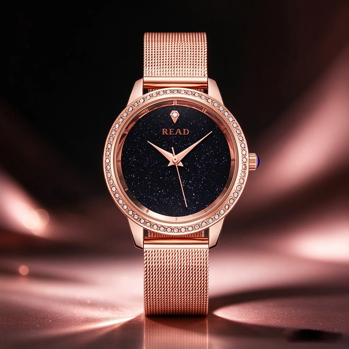 READ Women Quartz Watch | Starry Glitter Dial | Rose‑Tone Stainless Steel Mesh Band | Daily Water Resistant