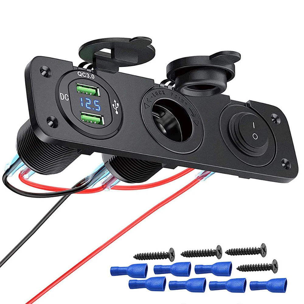 12V Cigarette Lighter Socket 3 in 1 Waterproof Car Dual QC3.0 USB Outlet Panel for RV Marine Boat Power Socket Charger Socket