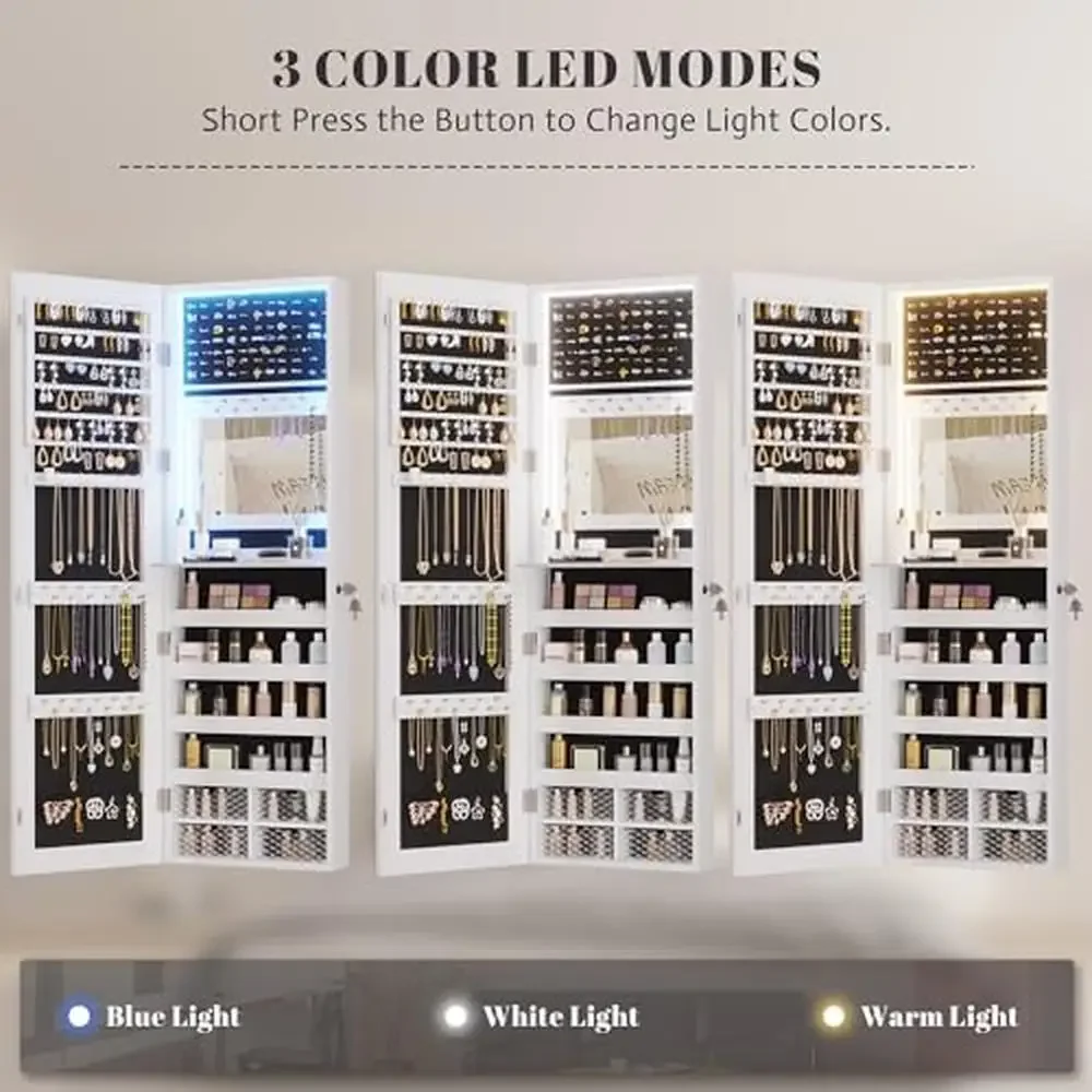 LED Jewelry Mirror Cabinet Wall/Door Mounted Armoire Organizer with Full Length Mirror Large Storage Capacity & Lockable System