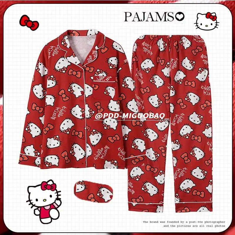 New Kawaii Hello Kittys Pajamas Female Spring Autumn Winter Sanrios Cartoon Cute Long-Sleeved Trousers Outerwear Home Clothes