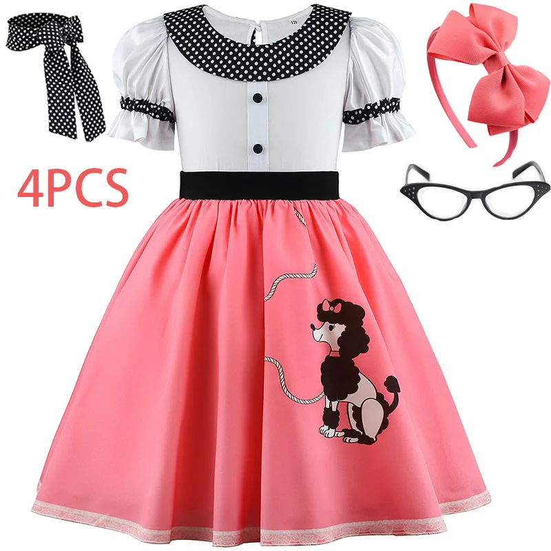 

2PCS Kids Vintage Costume Dog Print Short Sleeve Princess Dress+Dot Scarf+Glasses+Headband For Girl Birthday Party Carnival Gown