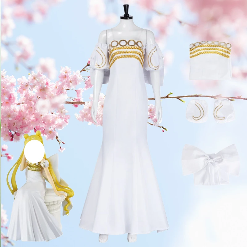 أزياء أنيمي الملكة الصفاء التأثيرية فستان أبيض طويل الأميرة ثوب القمر آلهة لعب الأدوار الزي للنساء موضوع الحفلات