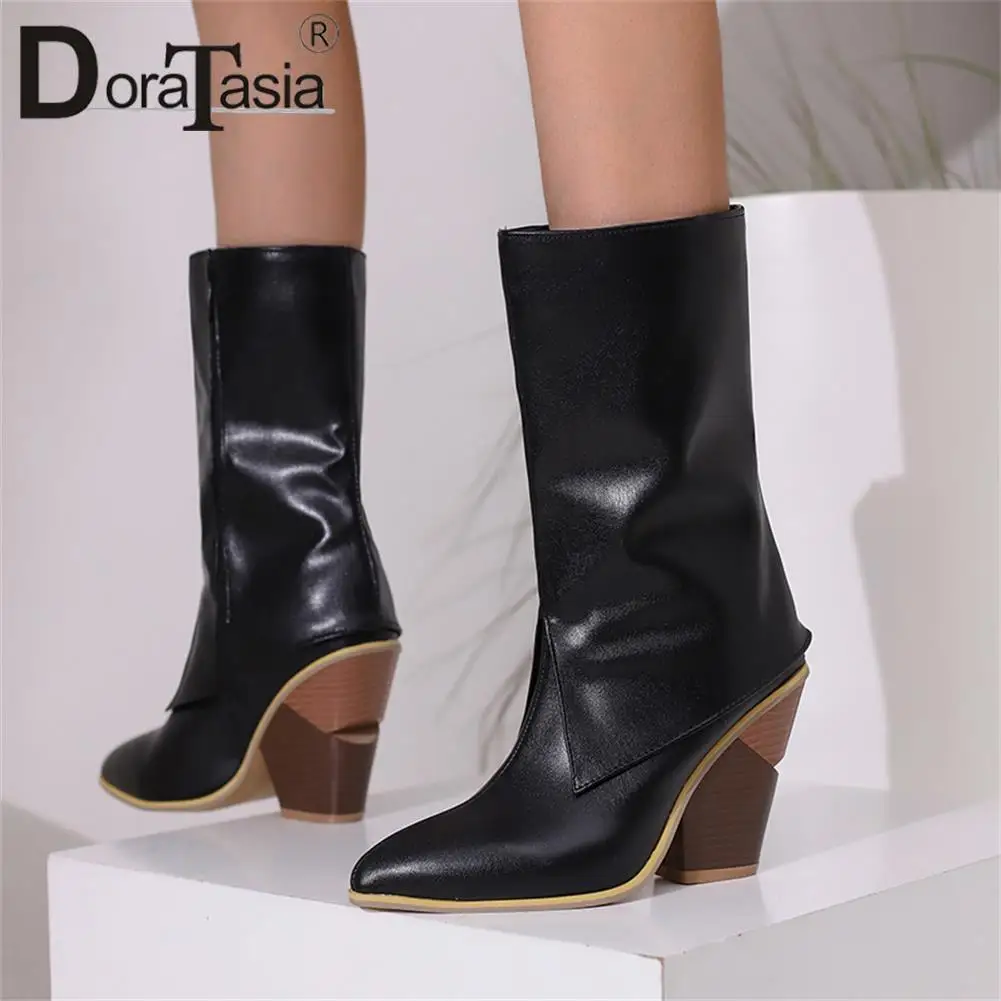 

Brand New Ladies Pointed Toe Solid Mid-Calf Boots Fashion Chunky High Heels women's Cowboy Boots Party Vintage Woman Shoes