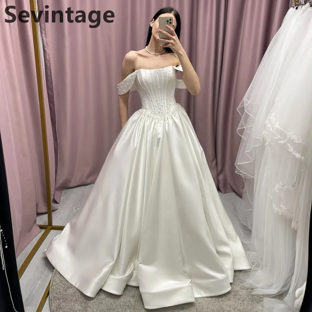 

Sevintage 2025 Elegant Off Shoulder Satin Pearls Ivory A Line Wedding Dress Customized Bridal Gowns Robe de mariée