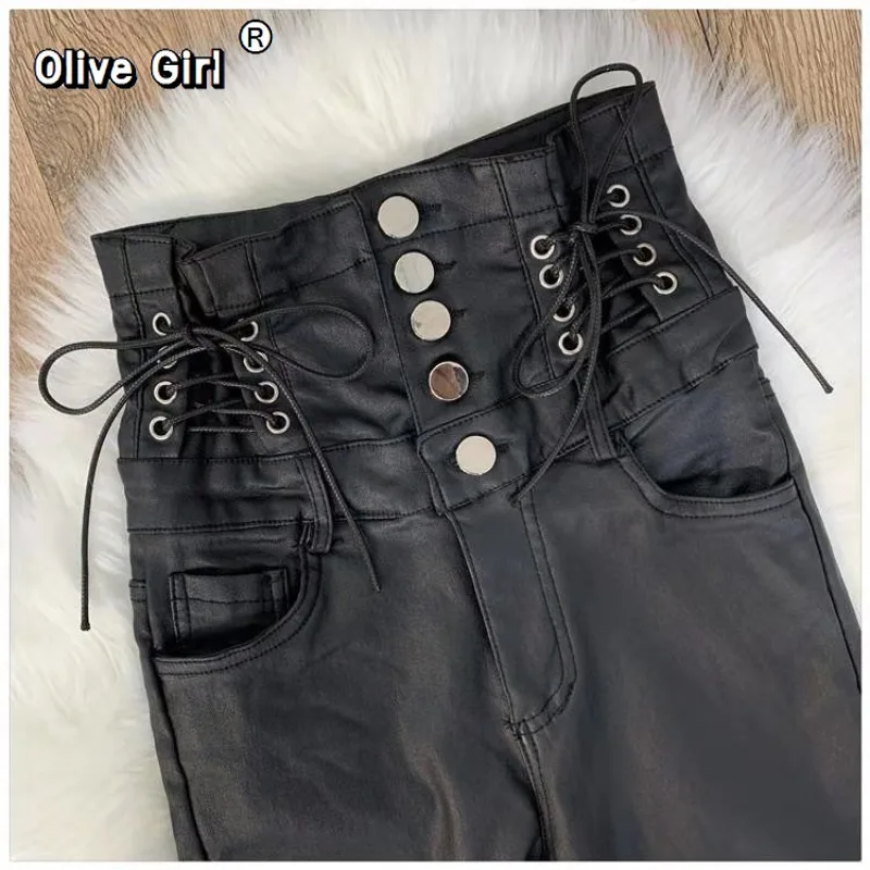 

Olivegirl Women High Waisted Faux Leather Pants PU Leggings Single-Breasted Plus Velvet Matte Skinny Black Sexy Pencil Pants