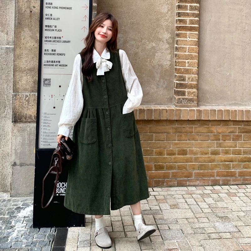 

Autumn New Two Piece Set Women French Style Sweet Youthful Corduroy Dress+Loose Bow Design Shirt Green Fresh Sweet Set