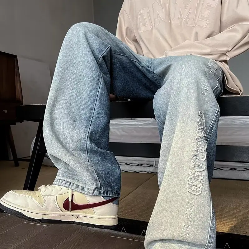 Jeans Männer Farbverlauf Lose Casual Gewaschen Vintage Denim Alle-spiel Patchwork Stickerei Herbst Koreanischen Stil College Täglichen Neue